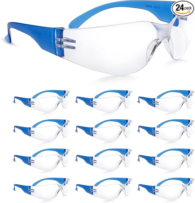amoolo Safety Glasses for Men Bulk of 24, Protective Eyewear for Men Women, ANSI Z87.1 Impact Resistant Eye Protection for Work, Lab, Construction