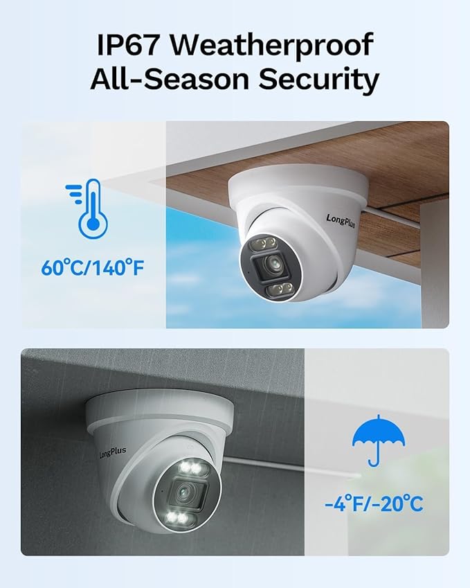 LongPlus Smart 4K 8CH Home Security Camera System, 4Pcs Wired PoE IP Cameras System Outdoor with Person/Vehicle Detection, 8MP 8CH NVR with 2TB HDD for 24-7 Recording, LP8ME84D2