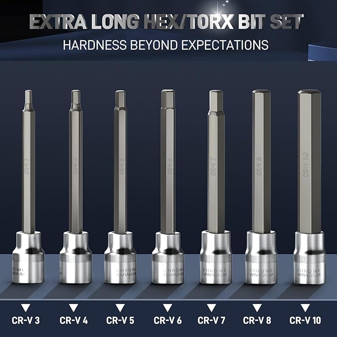 7 Pieces 3/8" Drive Extra Long Allen Wrench Hex Bit Socket Set with Portable Storage Case, Hex Head Metric 3-10mm, Chrome Vanadium Steel & S2 Alloy Steel