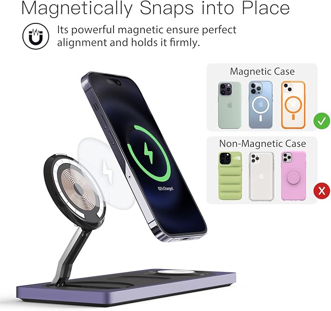 PETINO Mag-Safe Charger Stand, 3-in-1 Magnetic Wireless Charging Station for Apple Devices, iPhone 15/14/13/12 Series, Apple Watch, AirPods Pro (Purple)