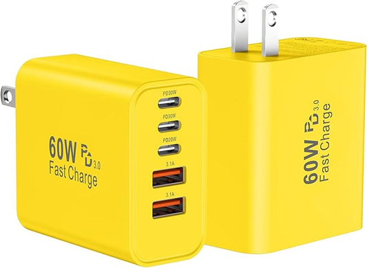 USB C Fast Wall Charger Block, 2Pack 60W USBC Charging Cubes, 5-Port PD+QC Power Adapter Multiport Brick Type C Box Plug for Phone 16/15/14/13/12/11/Pro Max/Plus, Pad Mini/Pro/S25/S24-Yellow