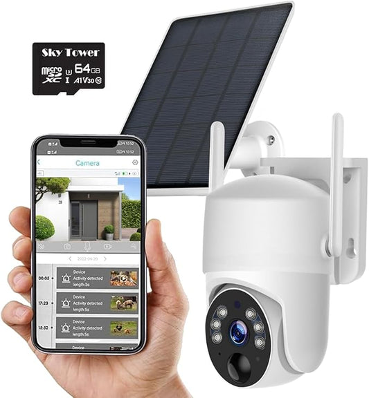 2K Solar Security Camera Outdoor, Wireless WiFi PTZ Pan Tilt 360° View Spotlight, AI Motion Detection and Siren, Color/IR Night Vision, 2-Way Talk, Amazon Cloud/Free 32G Micro SD Card (WiFi Router)