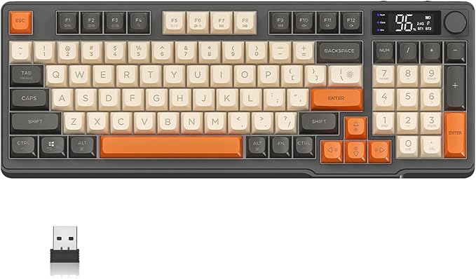 ZIYOU LANG M96 Wireless Gaming Silent Membrane Keyboard,Display Screen & Knob with Multimedia Keys Dual Mode Bluetooth/2.4Ghz,Rainbow Backlight 94Keys Ball Shape PBT Keycap ANSI Layout for Win/Mac