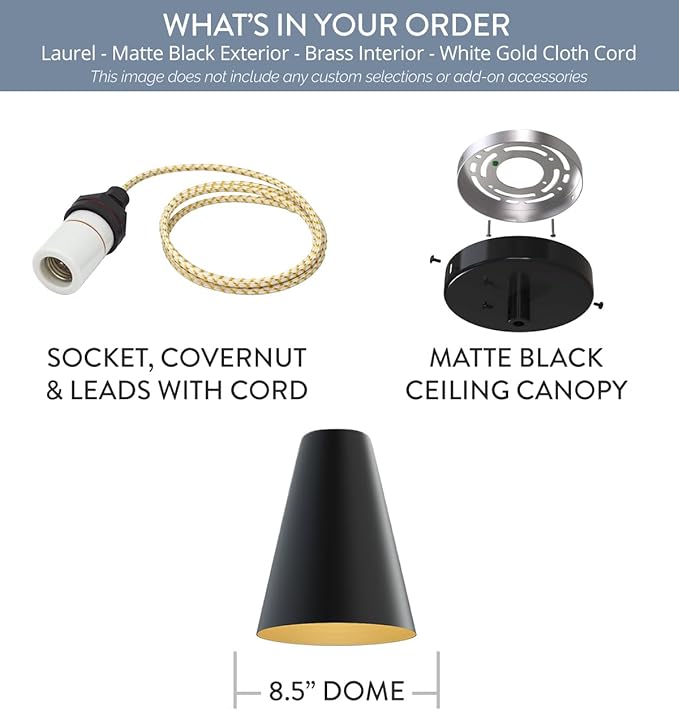 Steel Lighting Co. Laurel Pendant Light | Ceiling Mounted | 8.5 inch Cone Shade | Modern Contemporary Farmhouse Style Made in America | White Gold Cloth Cord | Matte Black Exterior/Brass Interior