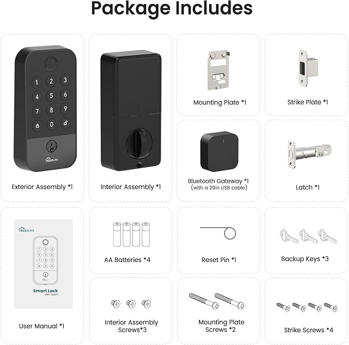 TREATLIFE Smart Door Lock with WiFi Bluetooth Gateway, Keyless Entry Door Lock with Code, Fingerprint and Keypad Deadbolt for Front Door, App Remote Control, Auto Lock, Black