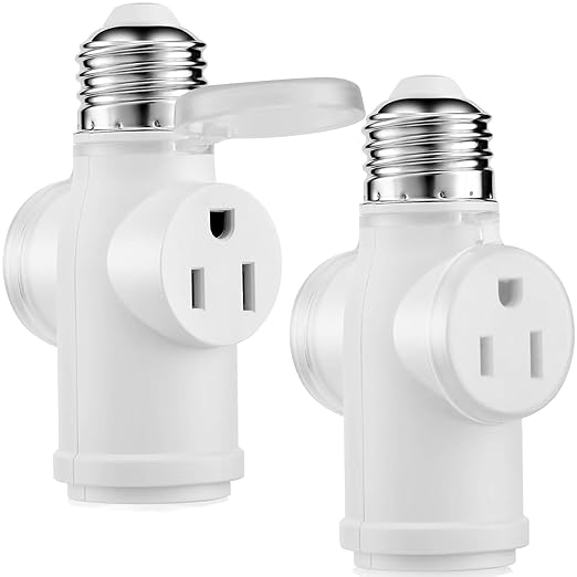 Onite Light Socket Outlet Adapter, Update to 3 Prong Plug Splitter with Waterproof and Dustproof Cover for Outdoor & Indoor, (White, 2-Pack)