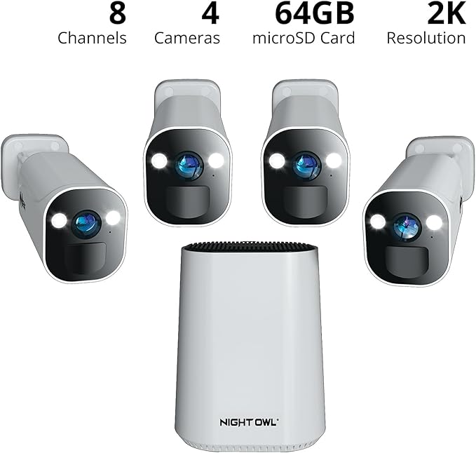 Night Owl 8 Channel Wi-Fi Video Home Security Hub with (4) Battery-Powered Wi-Fi 2K HD Indoor/Outdoor Spotlight Cameras with 2-Way Audio and 64GB microSD Card (Expandable up to 8 Cameras)