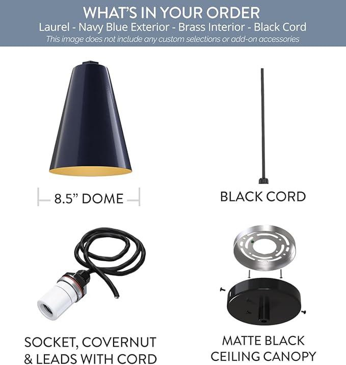 Steel Lighting Co. Laurel Pendant Light | Ceiling Mounted | 8.5 inch Cone Shade | Modern Contemporary Farmhouse Style Made in America | Black Cord | Navy Blue Exterior/Brass Interior