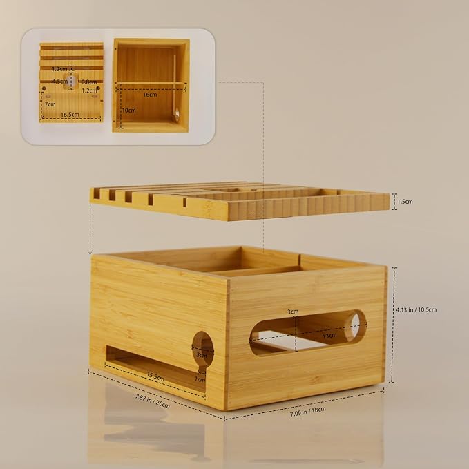 Eco-Friendly Bamboo Device Charging Stasion Organizer - Multi-Devic Manager, Cell Phone Holder and Tissue Box Combination Design - Multi-Device Charging Station, Home Charging Station