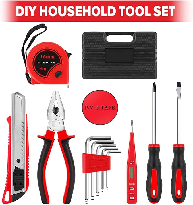 13pcs General Household Tool Set, Home Tool Kit with Plastic Toolbox for DIY, Maintenance, Perfect for Students & Homeowners (Red)