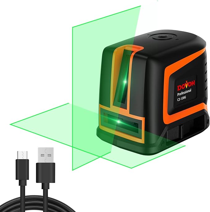 Rechargeable Laser Level Self Leveling, High Accuracy Cross Line Laser Level Green 66ft Horizontal & Vertical Expanded Angle 150° Electronic Lazer Level for Tiling, C2-120G