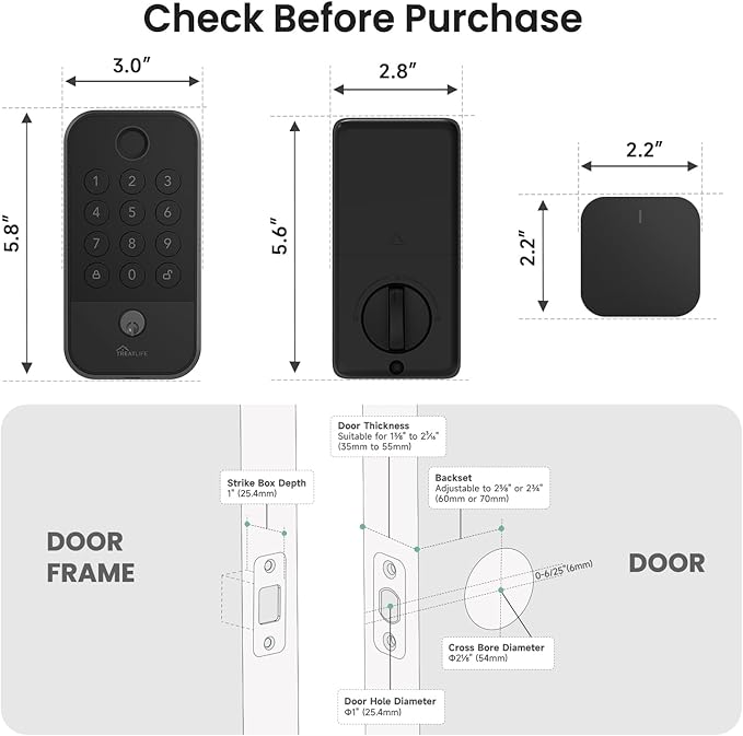 TREATLIFE Smart Door Lock with WiFi Bluetooth Gateway, Keyless Entry Door Lock with Code, Fingerprint and Keypad Deadbolt for Front Door, App Remote Control, Auto Lock, Black