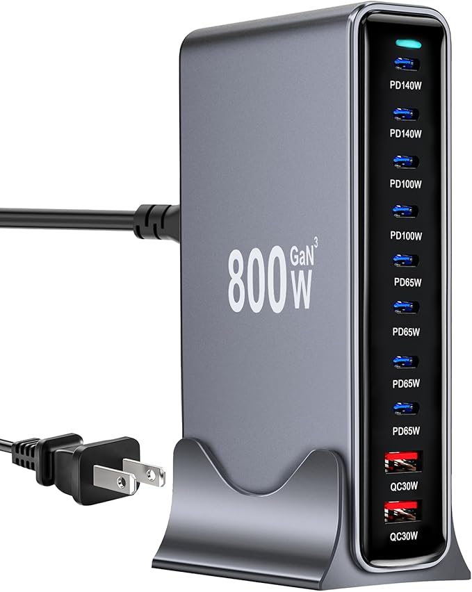 800W USB C Fast Charger Block,Dual PD 3.1 140W USB Charging Station, GaN Ⅲ Pro 10 Port PD PPS Fast Charging Station for Multiple Devices,Laptop Wall Charger Compatible with MacBook iPad iPhone 17 etc