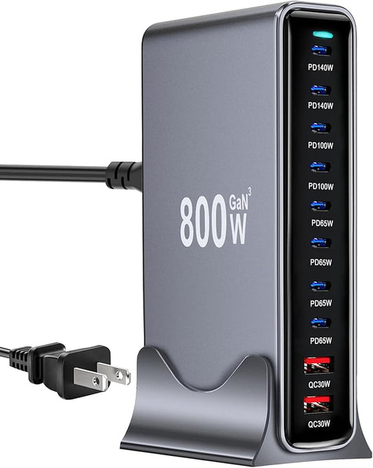 800W USB C Fast Charger Block,Dual PD 3.1 140W USB Charging Station, GaN Ⅲ Pro 10 Port PD PPS Fast Charging Station for Multiple Devices,Laptop Wall Charger Compatible with MacBook iPad iPhone 17 etc