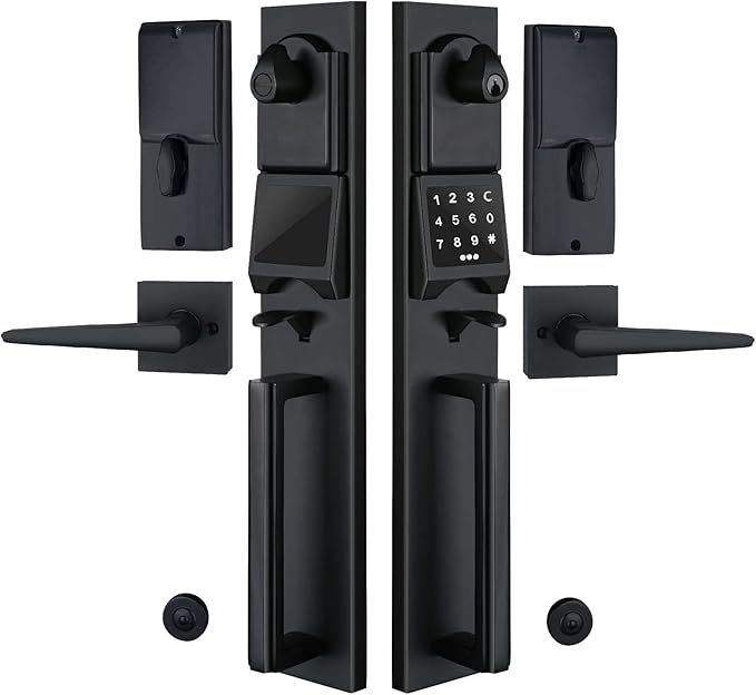 NEWBANG Right-Handed Matte Black Electronic Smart Handleset with Keypad Lock for Double Front Door（Keys Reserved）,MDHST2016DB-E-SET-RH