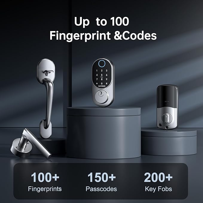 Keyless Entry Door Lock with Handle: NUTOMO Silver Fingerprint Door Lock Set,Smart Front Door Handle,Electronic Keypad Deadbolt for Front Door，Easy Installation Code Auto Lock for Home