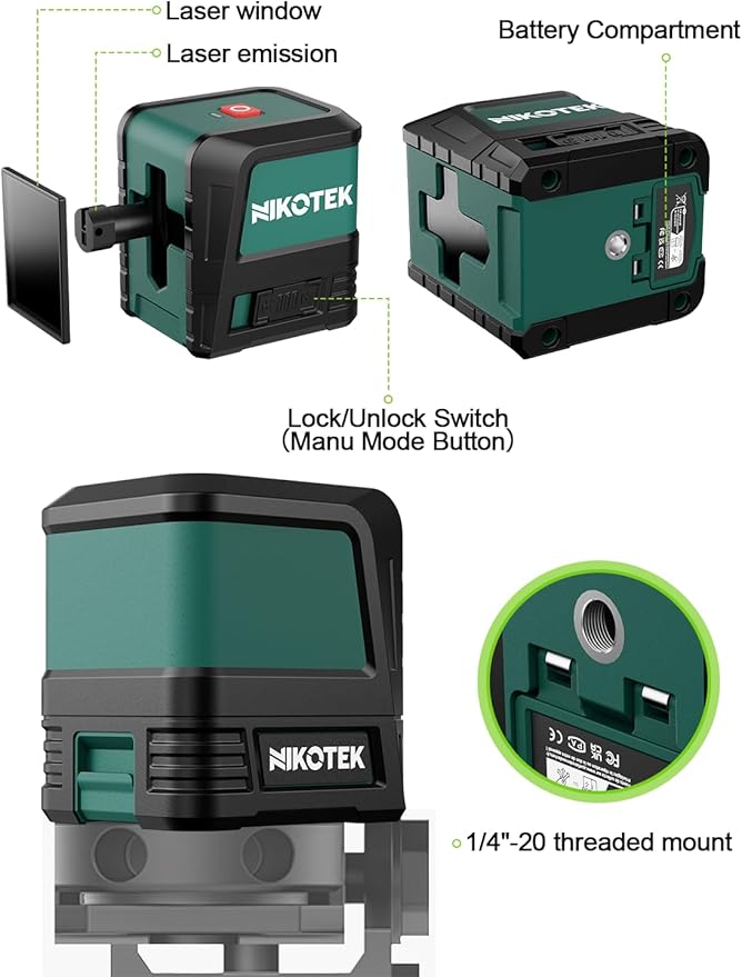 Laser Level, Self-leveling Green Line Laser With Horizontal and Vertical Lines for Construction and Picture Hanging, Battery Included