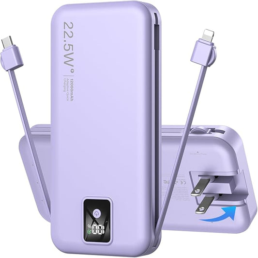 Portable Charger Built-in Cables and AC Wall Plug, 12000mAh power Bank, USB C 22.5W Fast charging Phone Charger ,Compact Lightweight External Battery Pack for iPhones, iPad, Samsung，Tablets, etc.