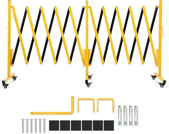 16FT Expandable Barricade Gate, Folding Metal Barricade Security Gate with Casters, Retractable Driveway Safety Gate, Adjustable Traffic Fence Crowd Control, for Industrial/Residential Use