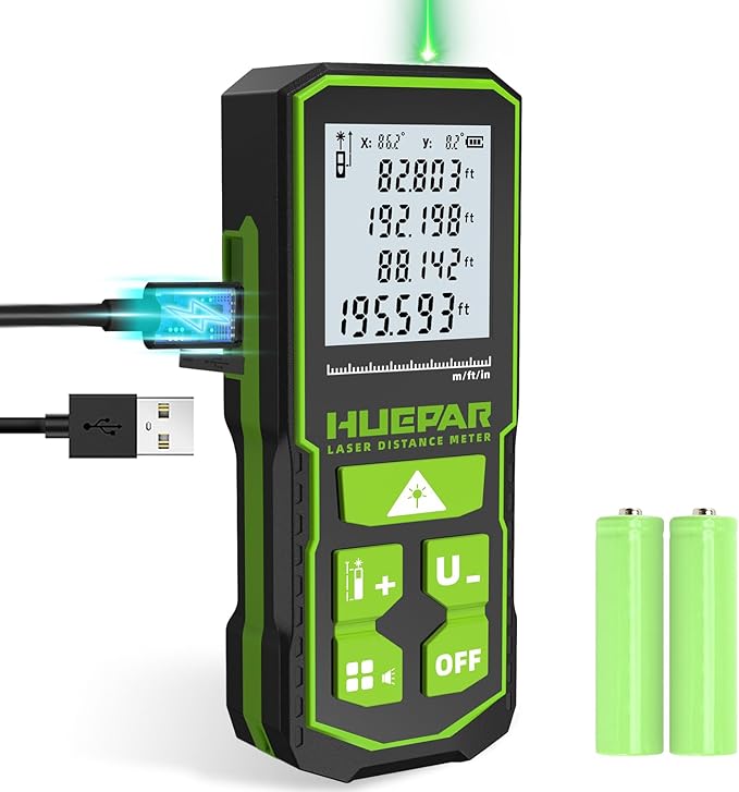 Huepar Professional Green Laser Measuring Tool 196ft, Digital Rechargeable Laser Distance Meter with Angle Sensor, 1/16in Accuracy, M/in/Ft Unit, Pythagorean Mode, Measure Distance, Area, Volume