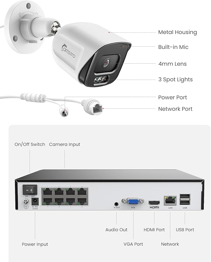 4pcs 5MP Security Camera System Wired POE Cameras with 4K 8CH NVR, 2TB HDD for 24/7 Recording, Human/Vehicle/Pet/Parcel Smart Detection, H.265+, 100ft Night Vision, IP67 Waterproof - White