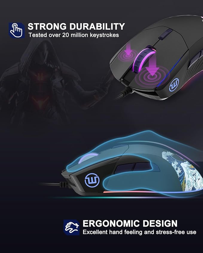 Womier G705 USB Wired Gaming Mouse for PC Computer Windows Mac Laptop, Lightweight Silent RGB Backlit Mouse with Adjustable 12000DPI/7 Programmable Side Buttons,Black Kanagawa Theme