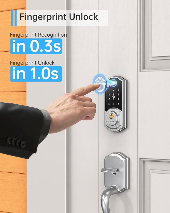 Smart Front Door Lock Set: SMONET Keyless Entry Door Lock with Handle, Front Handle Set Fingerprint Smart Deadbolt Bluetooth Electronic Digital Keypad, Alexa Unlock Silver
