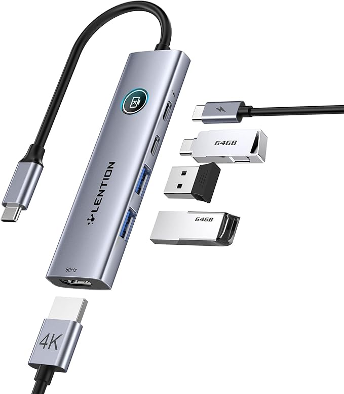 LENTION USB C Multiport Adapter, 5-in-1 USB C Hub with HDMI 4K@60Hz, USB A 3.0, Type C 3.0, 100W PD Charging, Multiport USB Adapter with Screen On/Off Button for MacBook and Other Type C Devices