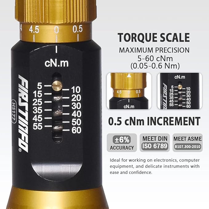 FIRSTINFO H5177 Ultra Precision Certified Torque Limiting Screwdriver 5-60 cNm (0.05-0.6 Nm), 1/4 Inch Universal Hex Quick Release Bit Holder