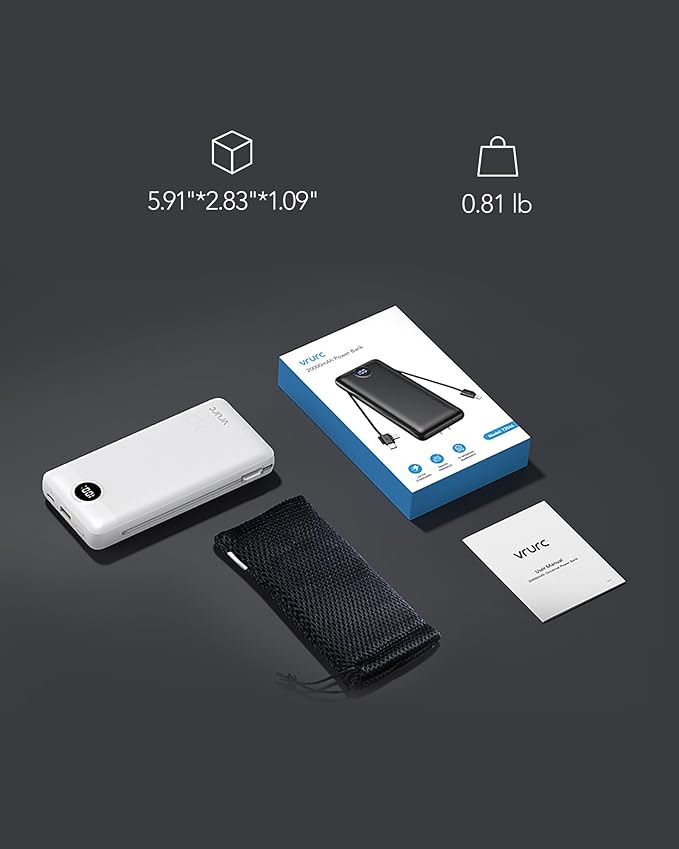 VRURC Power Bank 20000mAh, Fast Charging Portable Charger USB C,4 Output 2 Input Travel Essentials Charging Bank Equipped with LED Display,Built-in Wall Plug and Cables,Phone Charger Battery,White