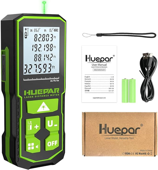 Huepar 330FT Green Laser Measuring Tool with Angle Sensor, ±1/16in (±1.5MM) Accuracy, Rechargeable Digital Laser Room Measuring Device, Laser Distance Measurement, Gifts for Men, Fathers Day Birthday