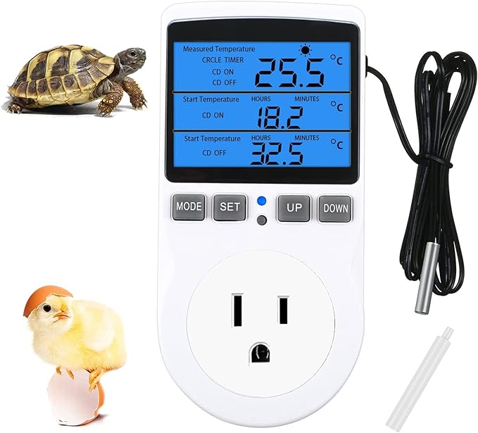Backlit Digital Temperature Controller, LCD Screen Heating Cooling Thermostat Outlet Socket with Sensor Timer Regulator for Reptile Incubator Greenhouse Brewing Refrigerator, 120V, 15A, ℉/℃