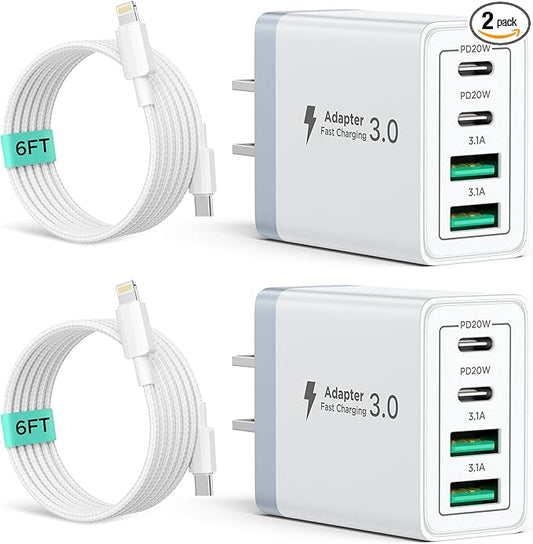 2 Pack USB C Wall Charger, 40W 4-Port USB C Fast Charger Block Dual Port QC+PD 3.0 Power Adapter, Multiport Type C Brick Charger with Lightning Cable for iPhone 14 13 12 11 Pro Max XS XR X 8 7 6 Plus