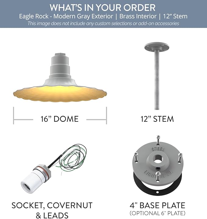 Steel Lighting Co. Eagle Rock Pendant | Ceiling Mounted Light | 16" Radial Wave | 12" Galvanized Stem | Heavy Duty Steel Retro Farmhouse Style Made in America | Modern Gray Exterior/Brass Interior