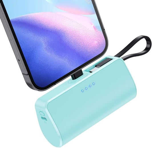 Mini Portable Charger Power Bank for iPhone with Built-in Type-C Cable,5200mAh PD Fast Charging Battery Pack,Compact Phone Charger for iPhone 16/15/14/13/12/11/X/8/7/6,Green