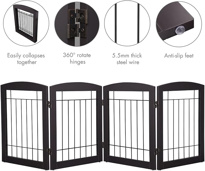 PAWLAND Dog Gate for The House Doorway Stairs Foldable Freestanding Indoor Pet Gate for Dogs Wooden Puppy Safety Fence 80" Wide 24" Height 4 Panels, Espresso