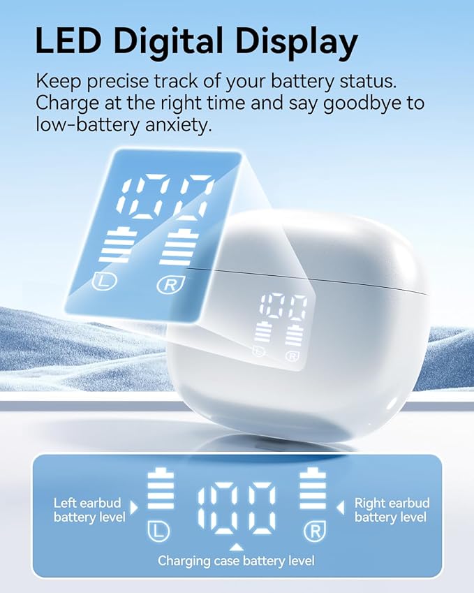 Wireless Earbuds, Bluetooth Ear Buds Headphones with LED Charging Case, Deep Bass Stereo Sound, 40 Hours Playtime, IP7, Lightweight in-Ear Earphones for iPhone Android Sports Workout