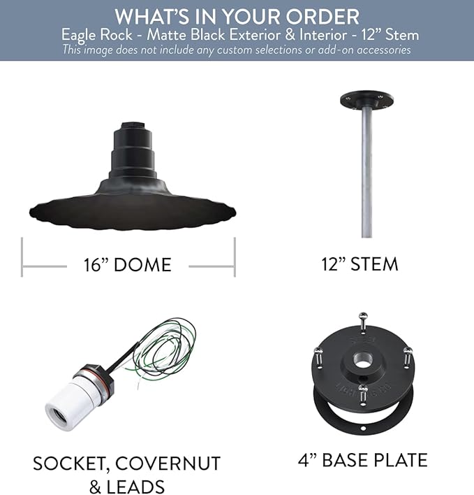 Steel Lighting Co. Eagle Rock Pendant | Ceiling Mounted Light | 16 inch Radial Wave | 12 inch Stem | Heavy Duty Steel Retro Farmhouse Style Made in America | Matte Black Exterior/Matte Black Interior