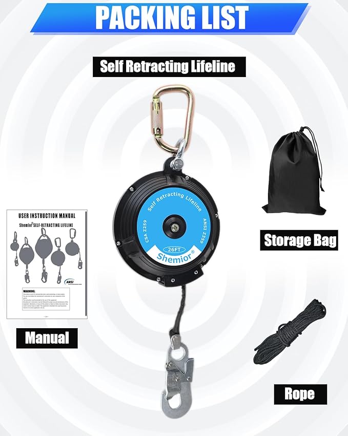 26FT Shemior Web Self Retracting Lifeline, No Tangle Lightweight Housing SRL, Self Retractable Safety Lanyard, Fall Arrest Protection PPE Gear for Roofing Construction, OSHA/ANSI Compliant