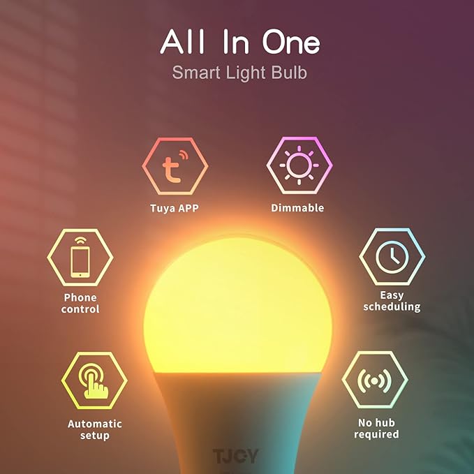 TJOY 6 Pack Smart LED Light Bulbs, Tuya APP, WiFi Bulbs Work with Alexa&Google Home, RGB Color Changing Light Bulb, Music Sync, A19 E26 Base, 9W(60W Equivalent),800LM, 2700-6500K(2.4Ghz Only)