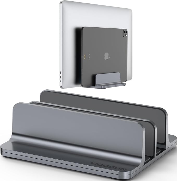 Dual-Slot Aluminum Vertical Laptop Stand for Desk - Adjustable Width Dock for MacBook, Surface, Samsung, HP, Dell up to 17.3 inches - Space-Saving & Protective Design - Gray