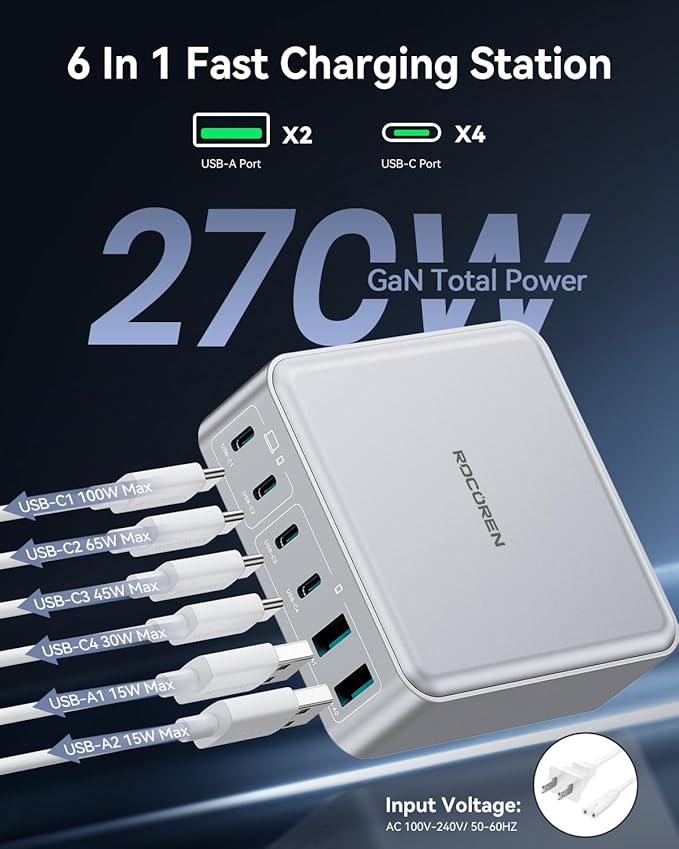 270W USB C Charger Block, Rocoren 6 Port Multi USB-C Charging Station,100W PD Fast USBC Gan Charger Station Hub Dock for Multiple Devices, Laptop Type C for MacBook/iPhone 16/iPad/Galaxy S25