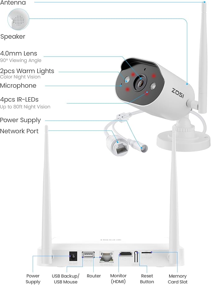 ZOSI 2K Wi-Fi 6 Security Camera System,4pcs 3MP Plug-in Metal WiFi Cameras Indoor Outdoor,AI Person Detection,Color Night Vision,2 Way Audio,8CH 4K NVR with 64GB Memory Card for Motion Recording