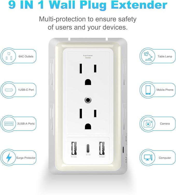 Surge Protector, Multi Plug Outlet Extender with Night Light for Home, Office, School, 6-Outlet Splitter and 3 USB Ports(1 USB C), Wall Charger Power Strip, FCC Listed