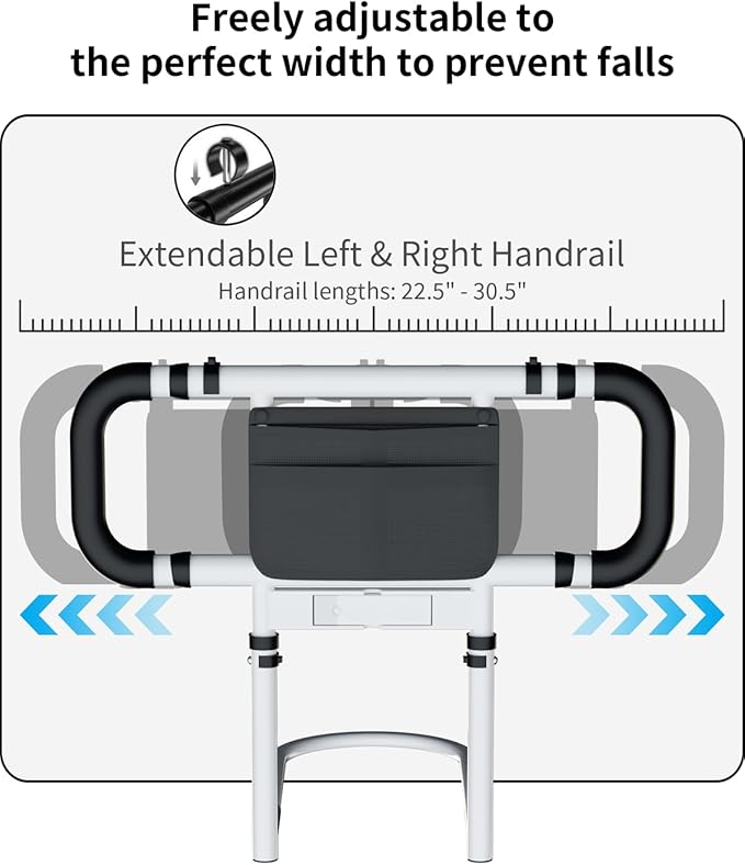 Bed Rails for Elderly Adults Safety: Elderly Assistance Products with Adjustable Double Grips, Storage Pocket, Motion Sensor Light, Items for Elderly Bed Rail, Can Withstand 300lb(White)