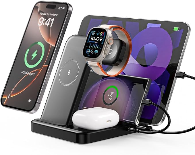 Multiple Devices Charging Station, 5-in-1 Charging Station for iPhone 16e/16 Pro Max/Pro/Plus/15/14/13/12, iPad Pro/Air/Mini, Apple Watch and Airpods,Wireless Charging Dock(G805) (Black)