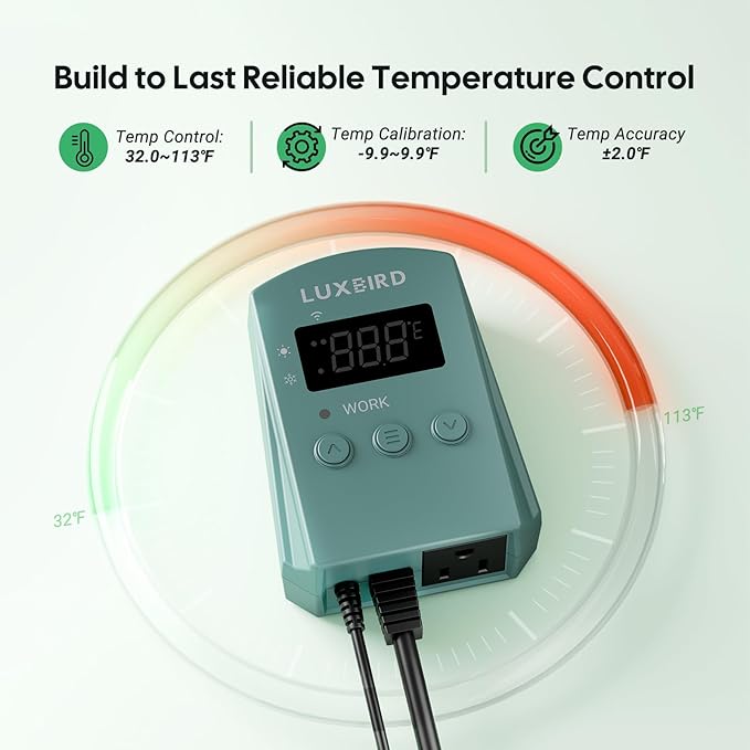 WiFi Digital Heat Mat Thermostat Controller, 32-113°F with Heating Cooling Mode, 365 Day Data Export, 1200W, High/Low Temp Alerts, Plug & Play for Reptile Seedling Brewing Breeding Greenhouse