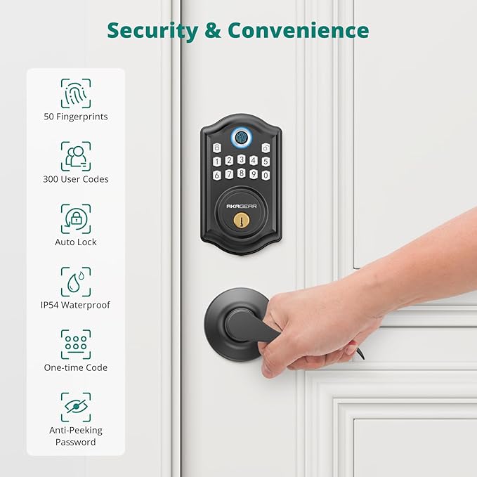 DS10 Keyless Entry Door Lock with 2 Lever Handle, Fingerprint, Keypad Code, 2 Keys, Smart Locks for Front Door, Bedroom, One-time Code, Auto-Lock, Easy Installation