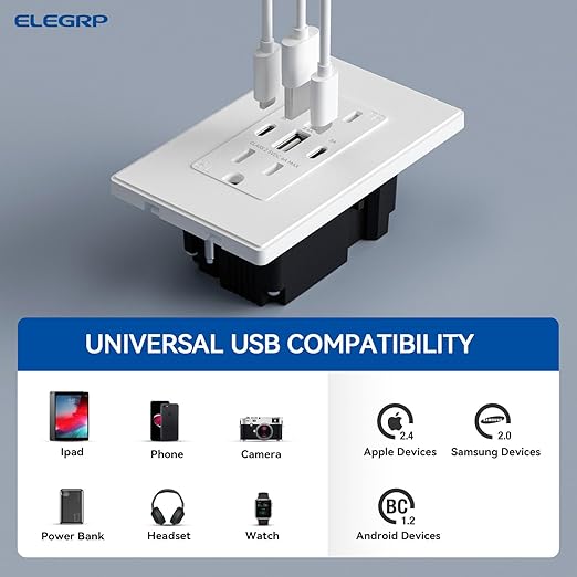 ELEGRP 30W 6.0 Amp 3-Port USB Wall Outlet, 15A Receptacle with Dual Type C & A Ports, Charger for iPhone/iPad/Samsung/LG/HTC/Android Devices, UL Listed, w/Wall Plate, 1 Pack, Matte White