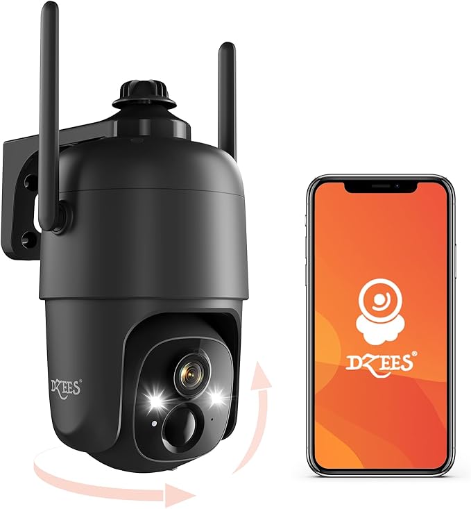 Dzees 360° PTZ WiFi Security Cameras Wireless Outdoor, 2K Battery Powered Home Security Camera Indoor, Spotlight & Siren, Color Night Vision, 2-Way Talk, AI Motion Detection, IP66, Cloud Stroage